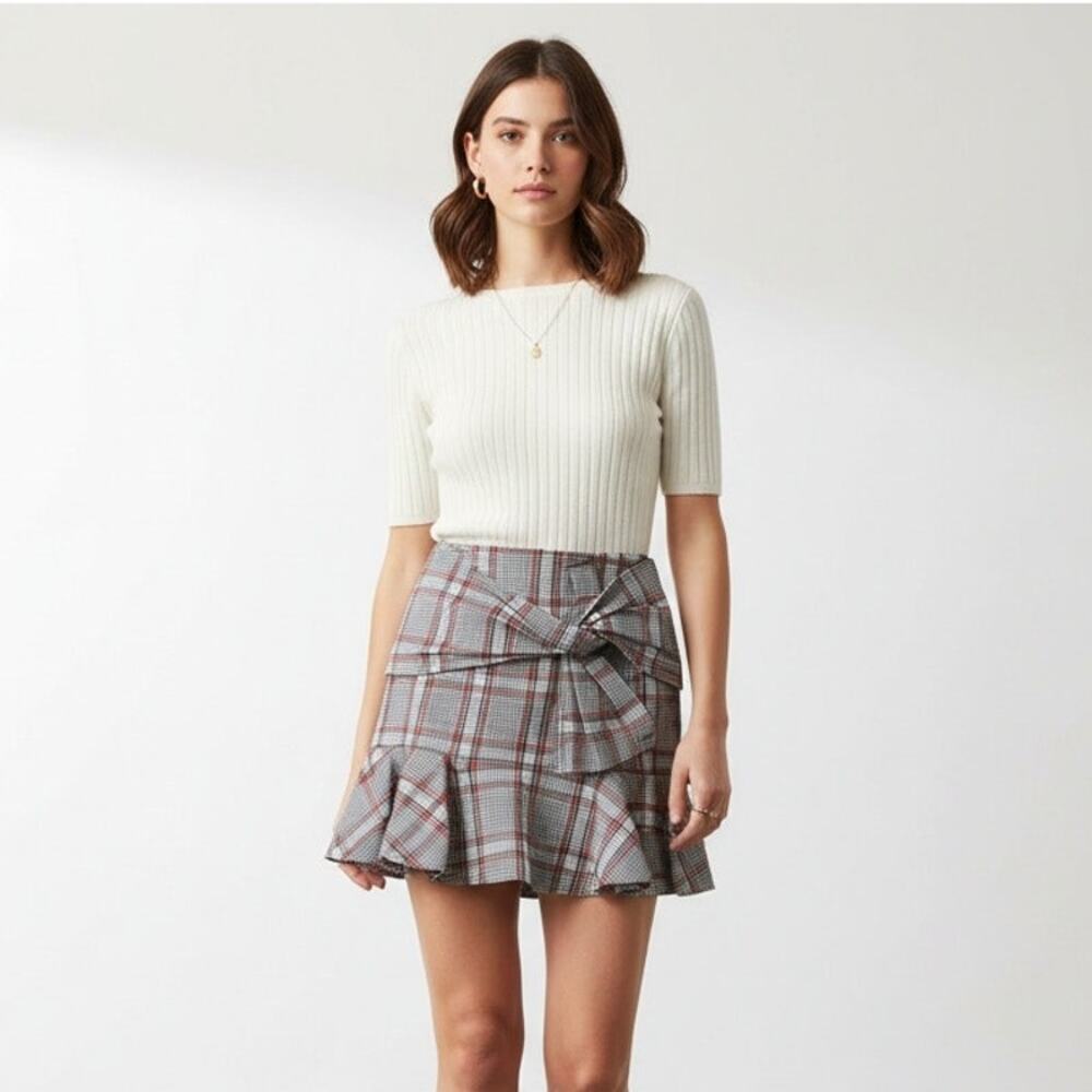 VERONICA BEARD Picnic Plaid Bow Mini Skirt Red Blue White Ruffle Size 10